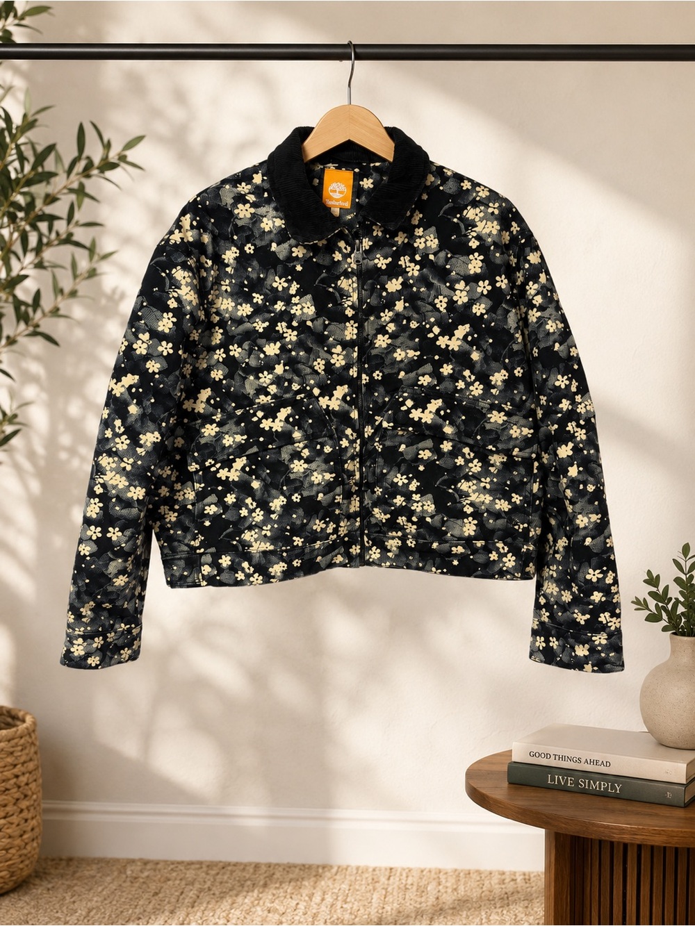 NWT Timberland Women’s Floral Print Zip Jacket Black Cream XL Corduroy Collar